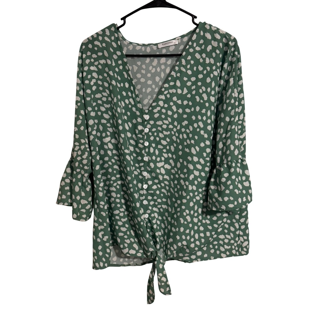 Kancystore Green Dalmatian Print Tie Front Bell Sleeve Button Down Blouse XL
